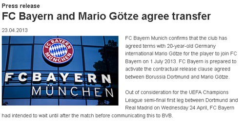 Trang chủ Bayern Munich đã xác nhận vụ chuyển nhượng của Gotze
