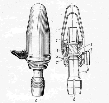 a- Bộ phận sinh điện của ngòi nổ; b- Bộ phận sinh điện mặt cắt dọc. 1- Vỏ kim loại bộ phận sinh điện; 2- Đệm cao su; 3- Bộ phận sinh điện do va chạm; 4- Đệm cách điện; 5- Chụp màng bảo vệ; 6- Chụp an toàn bộ phận sinh điện; 7- Chốt khóa an toàn bộ phận sinh điện; 8- Đai rút chốt an toàn