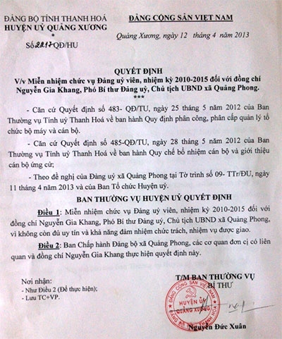 Quyết định miễn nhiệm các chức vụ đối với ông Nguyễn Gia Khang