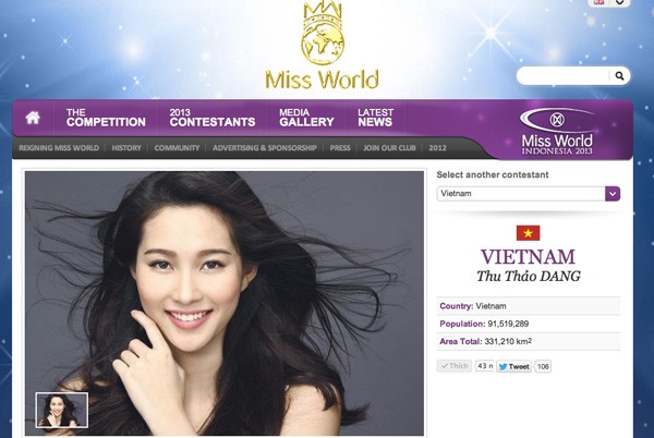 Hình ảnh Thu Thảo bất ngờ xuất hiện trên trang chủ của "Miss World" 2