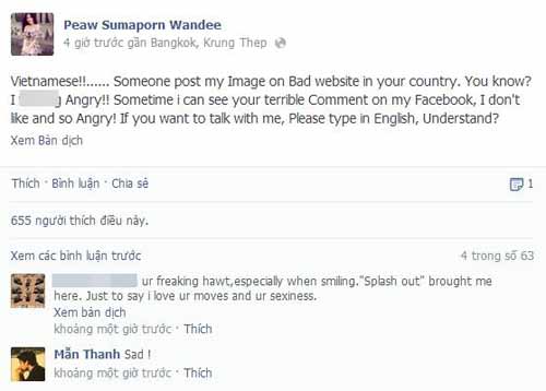 	Những lời lẽ hết sức bất mãn của hotgirl người Thái trên facebook (Ảnh chụp từ facebook)