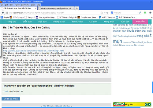 Bài viết bêu xấu Công ty TNHH Cua Ngon không bị xóa mà vẫn tiếp tục tồn tại trên Webtretho