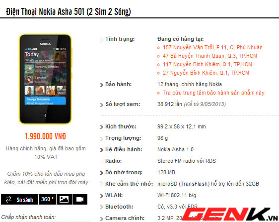 Điện thoại giá rẻ Asha 501 bắt đầu được bán tại Việt Nam với giá 1,99 triệu đồng