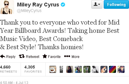 Miley Cyrus cảm ơn fan ruột trên Twitter