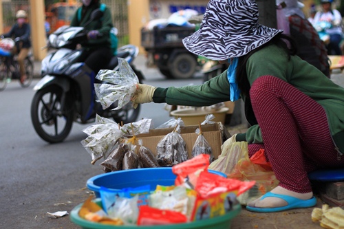 
	Chị Lê Thị Oanh, quê Tiền Giang, lên đây bán đã được 2 năm. Sáng nào chị
	cũng dậy sớm, chạy từ Q.Bình Thạnh đến mối lấy hàng, đến 9h về đây bán đến khoảng 16h chiều.