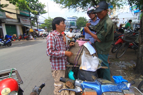 
	Người đàn ông này ngày nào cũng dậy từ sớm đi bắt châu chấu ở Long An rồi mang đến chợ. Ngày trước, anh cùng bạn bè hay bắt ở Bà Điểm (H.Hóc Môn), H.Bình Chánh nhưng giờ châu chấu ở đây ít nên phải xuống tận Long An.