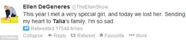 Messages of condolence: Talk show host Ellen DeGeneres had met the teen numerous times 