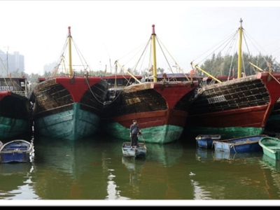 Các tàu đánh cá Trung Quốc tại đảo Hải Nam, so  với người trên thuyền thấy rõ được các tàu cá của Trung Quốc có lượng giãn nước khá lớn
