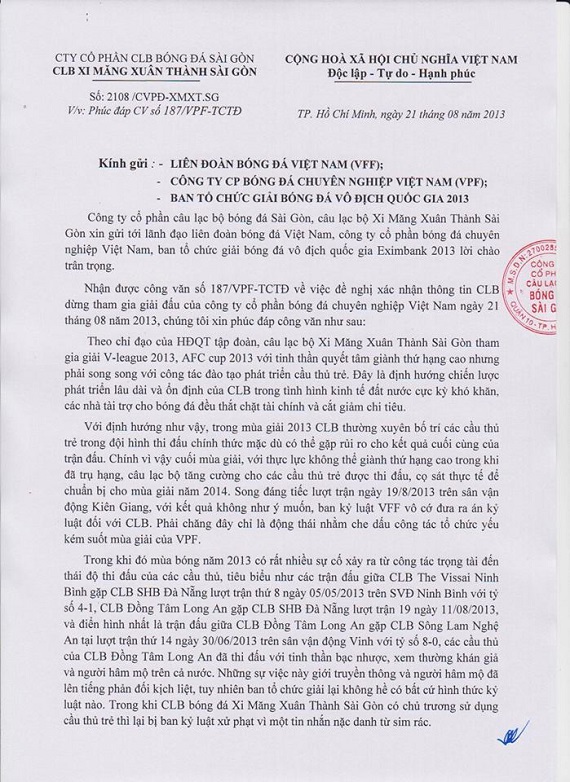 XMXT Sài Gòn chính thức gửi công văn xin rút khỏi V-League