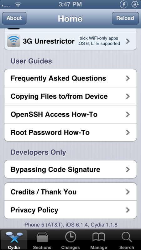  	Cydia phiên bản 1.1.8 chạy trên chiếc iPhone 5 hệ điều hành iOS 6.1.4.