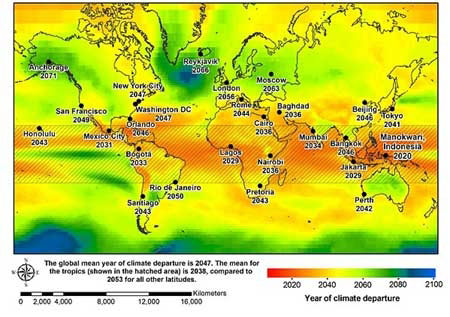  	Bản đồ mô tả thời điểm các thành phố sẽ phải hứng chịu hậu quả của sự 	biến đổi khí hậu khắc nghiệt trong thời gian tới nếu chúng ta không kìm 	giữ khí thải gây hiệu ứng nhà kính ngay hôm nay.