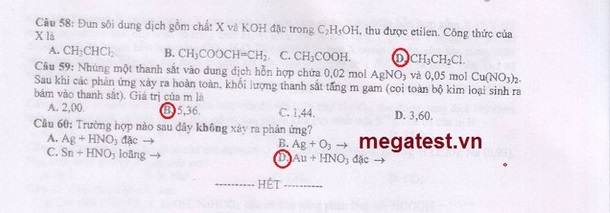 Đáp án đề thi môn Hóa khối B năm 2013