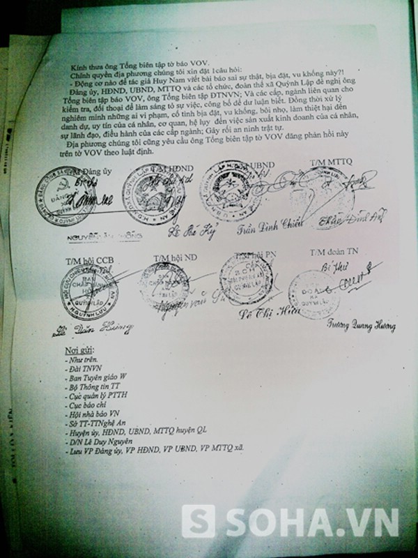 
	Công văn "đặc biệt" có 8 con dấu của UBND xã Quỳnh Lập