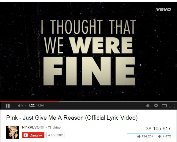 
	Lyric video “Just give me a reason” – Pink nhận được lượt view khủng với hình thức chạy chữ Typography