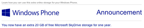 Người dùng Windows Phone được tặng 20 GB lưu trữ trên mây