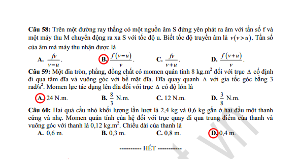 Tổng hợp đáp án của đề thi môn Vật lí khối A và A1 năm 2013