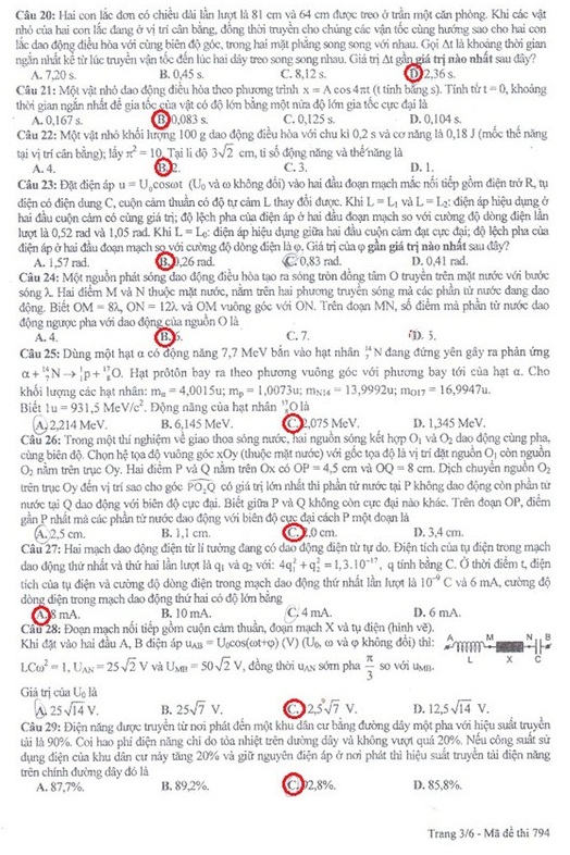 Tổng hợp đáp án của đề thi môn Vật lí khối A và A1 năm 2013