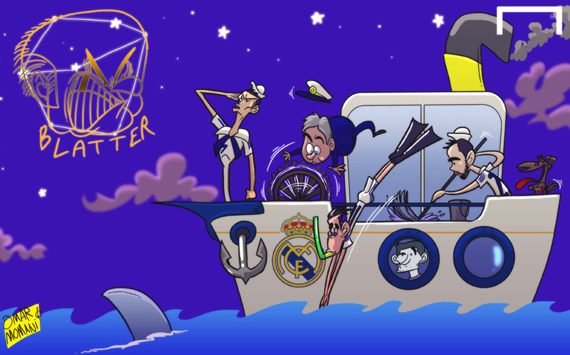 
	Con tàu Real với thuyền trưởng Ancelotti, Sĩ quan Ronaldo và thợ lặn Gareth Bale