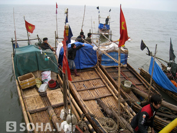 Những chiếc thuyền đánh cá của ngư dân Hoằng Hóa - Thanh Hóa đã tham gia công tác lai dắt con tàu bị bỏ hoang trên biển vào bờ.