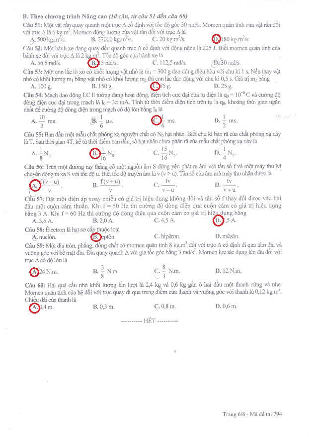 Tổng hợp đáp án của đề thi môn Vật lí khối A và A1 năm 2013