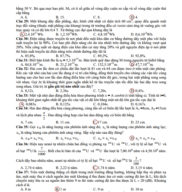 Tổng hợp các đáp án đề thi môn Vật lí khối A và A1 năm 2013
