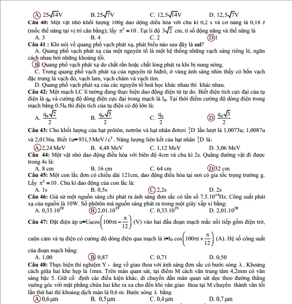 Tổng hợp các đáp án đề thi môn Vật lí khối A và A1 năm 2013