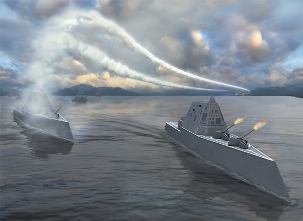 Hình ảnh mô phỏng tàu khu trục tàng hình lớp Zumwalt của Mỹ dự kiến được triển khai đối phó với chiến lược chống tiếp cận của Trung Quốc