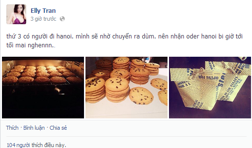 
	Elly giờ còn kiêm thêm nghề làm bánh. Cô nhận được vô số đơn đặt hàng từ bạn bè và người hâm mộ