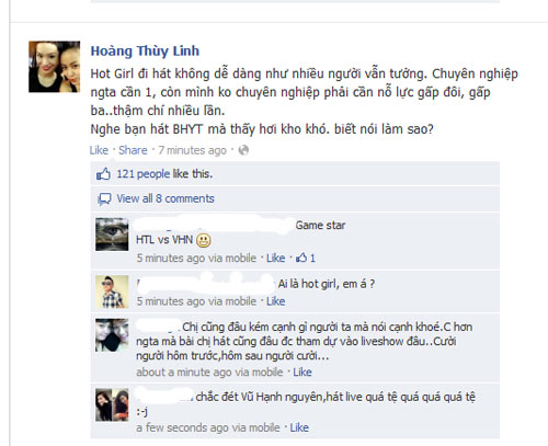 
	Lời bình luận thiếu thiện cảm về chuyện hot girl đi hát được đăng tải trên 1 facebook có tên là Hoàng Thùy Linh