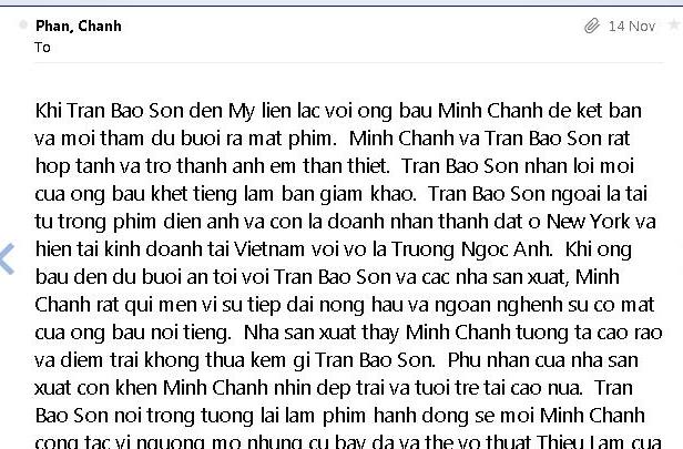 
	Lá mail do Minh Chánh tự viết, tự ca ngợi tài năng và...nhan sắc của mình, gửi cho phóng viên. Ảnh chụp lại từ hộp mail.