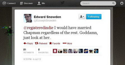 
	Hồi đáp trên một trang Twitter mang tên Edward Snowden