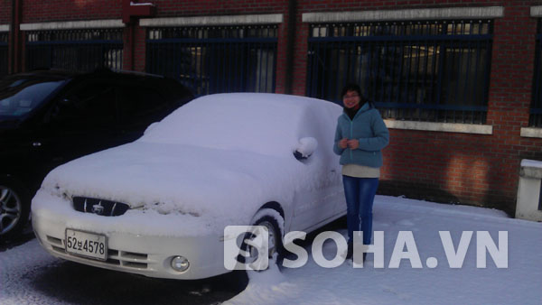 Một chiếc ô tô bị tuyết bao phủ trắng xoá bên ngoài.