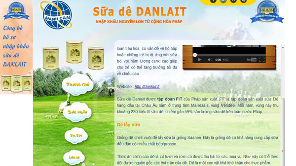 Trong quảng cáo trên website, Mạnh Cầm khẳng định, sữa dê Dantait được sản xuất bởi tập đoàn Fit...