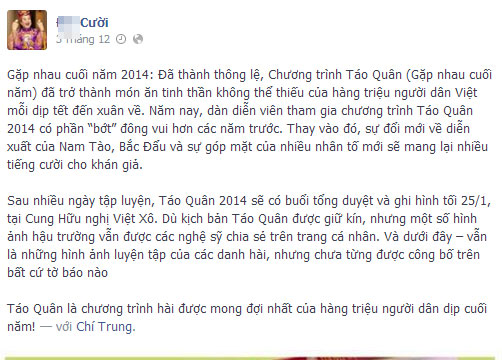 
	Thông tin xuất hiện trên tường facebook của Chí Trung.  