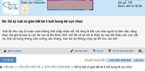 
	Ý kiến bức xúc của một thành viên diễn đàn Webtretho trước lời biện minh của cô giáo bắt học sinh bưng bê cực nhọc