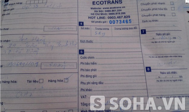 	Biên lai gửi hàng tại Ecotrans của chị Nhung.