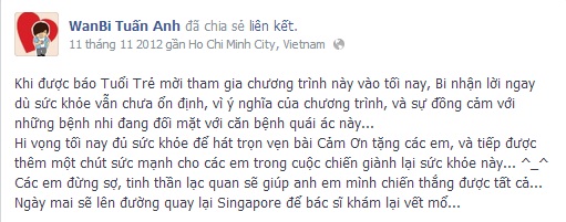 17 dòng status đầy lạc quan của Wanbi Tuấn Anh viết trong những ngày lâm bạo bệnh