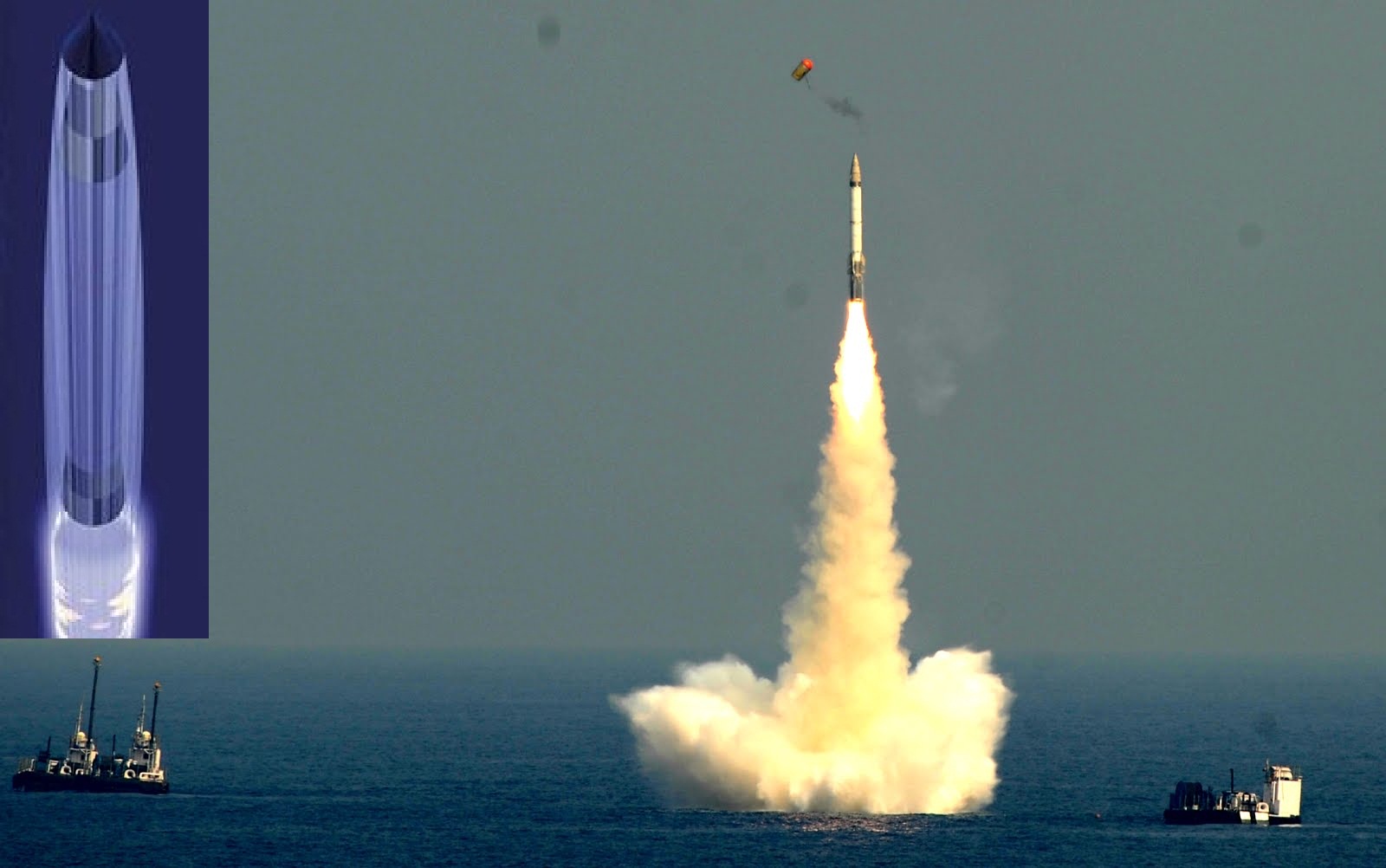 
	Tên lửa phóng từ tàu ngầm chuyển động dưới nước trong luồng khí bao (ảnh nhỏ) và tầng tạo khí tách ra (ảnh lớn) 