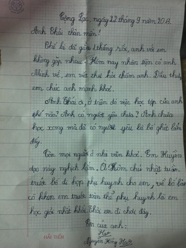  	Cận cảnh bức thư của cô bé học lớp 3 (Nguồn: internet)