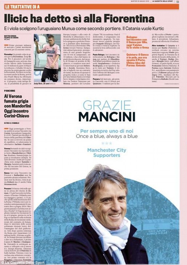 
	Tờ Gazzetta Dello Sport chính thức đăng ảnh tri ân Mancini của hội CĐV