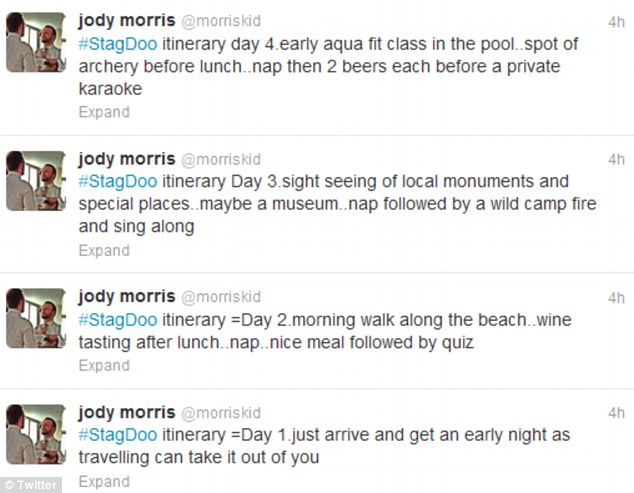 
	Kế hoạch đi chơi được lên lịch rất cụ thể và được đăng tải trên trang Twitter cá nhân của Jody Morris