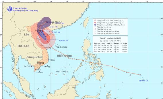 
	Vị trí và đường đi của bão số 14 lúc 17h30 ngày 10/11.