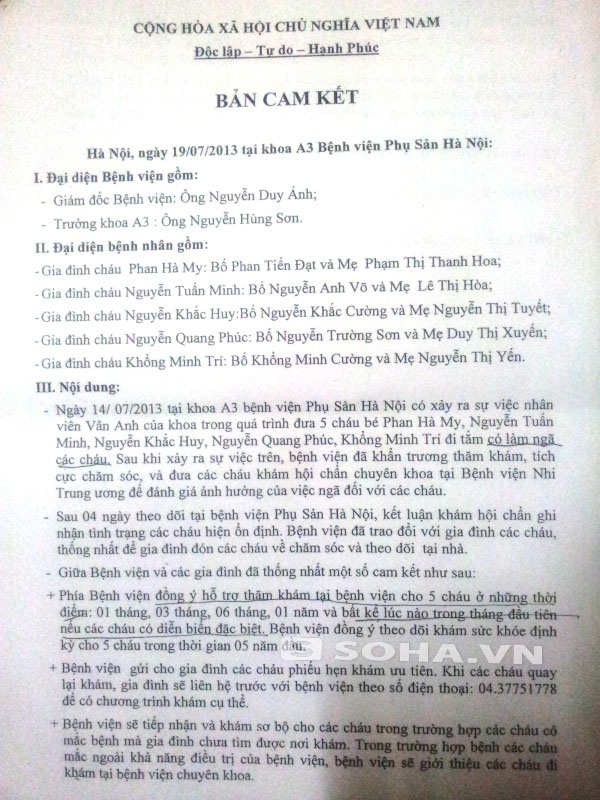 	Đại diện gia đình 4 cháu Nguyễn Tuấn Minh, Nguyễn Khắc Huy, Nguyễn Quang Phúc, Khổng Minh Trí không đồng ý với nội dung này của Bệnh viện Phụ sản Hà Nội đưa ra