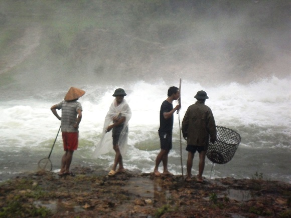 Nhiều người dân tiến sát đến vị trí chân tràn xả lũ để đón cá