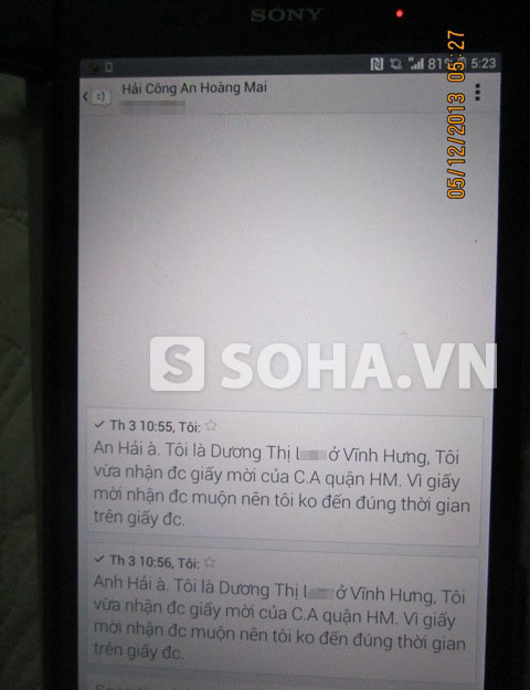 
	Tin nhắn chị Linh nhắn lại cho đồng chí Hải, cán bộ thanh tra, CA quận Hoàng Mai