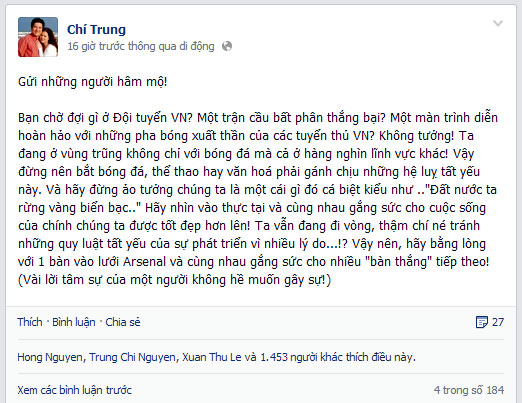 	Quan điểm của danh hài Chí Trung sau trận Việt Nam - Arsenal.
