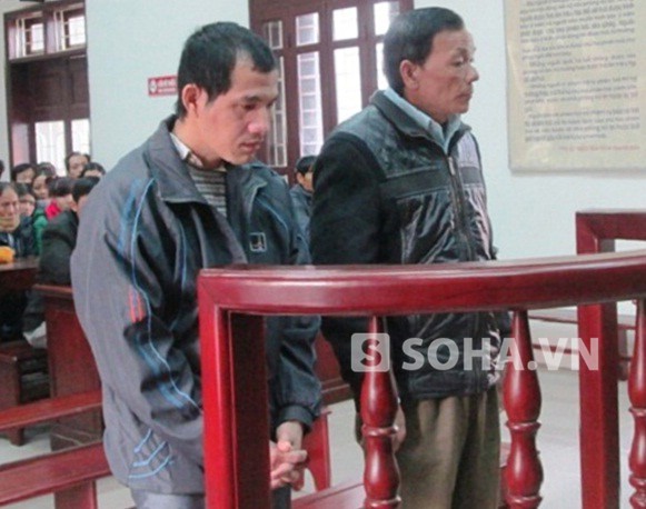 Bị cáo Chu Đình Quang (cúi mặt) và Chu Đình Quy tại phiên tòa xét xử