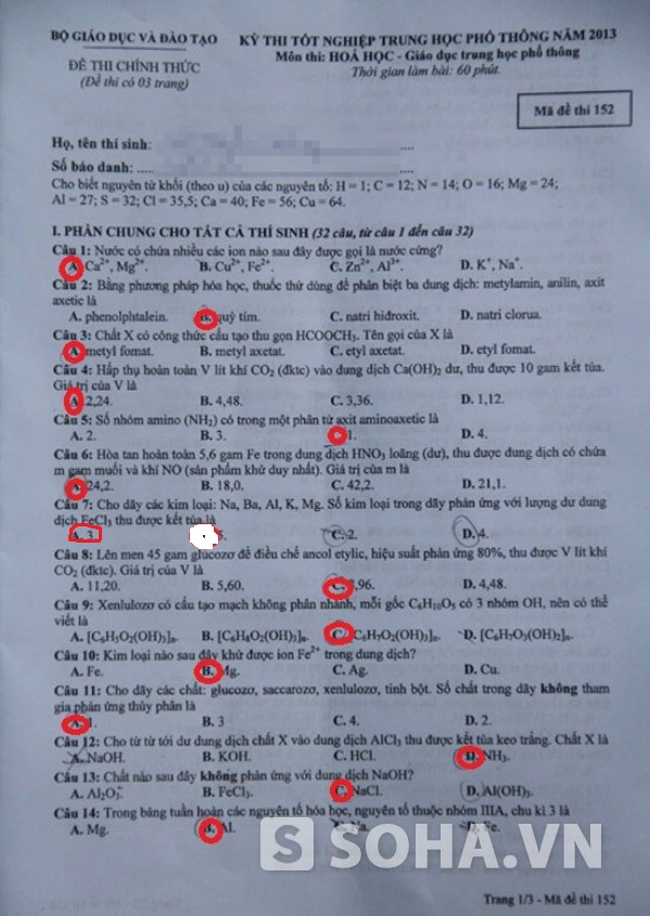 Đáp án môn Hóa theo mã đề số 152 (Phần khoanh đỏ là đáp án gợi ý).