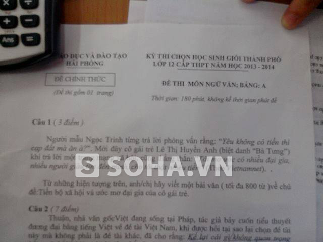 Đề thi Ngữ văn chọn Học sinh giỏi lớp 12 của thành phố Hải Phòng gây xôn xao dư luận.