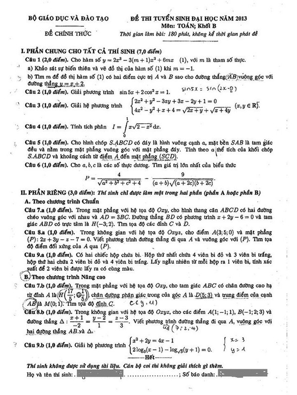 Đáp án đề thi môn Toán khối B năm 2013 (Liên tục cập nhật)